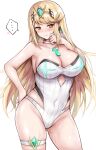  ... 1girl alluring averting_eyes bare_shoulders big_breasts blonde_hair blush breasts cleavage closed_mouth commentary_request core_crystal_(xenoblade) covered_navel cutout_above_navel earrings gluteal_fold hand_on_own_hip high_res highleg highleg_swimsuit jewelry long_hair mythra mythra_(radiant_beach)_(xenoblade) mythra_(xenoblade) nintendo one-piece_bikini one-piece_swimsuit partial_commentary r-binon spoken_blush spoken_ellipsis star_(symbol) star_earrings strapless strapless_one-piece_swimsuit swept_bangs swimsuit thigh_strap tiara very_long_hair wet white_background white_one-piece_swimsuit xenoblade_(series) xenoblade_chronicles_2 yellow_eyes 