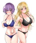 2_girls adjusting_clothes adjusting_hair adjusting_swimsuit alluring alternate_breast_size alternate_costume annoyed bare_legs bare_shoulders big_breasts big_breasts bikini black_bikini black_swimsuit blonde_hair blue_bikini blue_eyes blue_swimsuit blush clarisse_(fire_emblem) cleavage female_only fire_emblem fire_emblem:_new_mystery_of_the_emblem grey_eyes katarina_(fire_emblem) long_hair looking_at_viewer multiple_girls nintendo purple_hair short_hair smile swimsuit toshimasa white_background