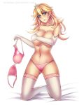  1girl 1girl blonde_hair blue_eyes blush covering covering_breasts crown earrings elbow_gloves female_only flowerxl gloves human kneel long_hair looking_away mario_(series) naked_panties navel nintendo panties parted_lips pink_panties princess_peach simple_background stockings topless underwear white_background white_gloves white_legwear 