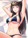 1girl alluring alternate_costume artist_name bikini black_bikini black_hair black_swimsuit blunt_bangs collarbone etchimune female_only fire_emblem fire_emblem_awakening hands_up hime_cut long_hair looking_at_viewer medium_breasts milf nintendo parted_lips purple_eyes swimsuit tharja tharja_(fire_emblem) twitter_username under_boob zoom_layer