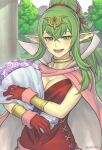  1girl 1girl aged_up alluring big_breasts blush bracelet breasts cape cleavage dress fire_emblem fire_emblem_awakening fire_emblem_heroes gloves gofelem green_eyes green_hair hair_ornament high_res jewelry long_hair looking_at_viewer nintendo open_mouth pointy_ears ponytail red_dress short_dress smile strapless strapless_dress tiara tiki_(adult)_(fire_emblem) tiki_(fire_emblem) 