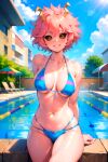  ai_generated antennas bikini breasts female_focus happy horns looking_at_viewer mina_ashido my_hero_academia navel pink_hair poolside sun sunshine water 