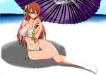  1girl 1girl 1girl aged_up alluring bare_legs beach big_breasts bikini blue_eyes bun_cover cleavage female_only gintama gintama:_be_forever_yorozuya hair_ornament kagura_(gintama) long_hair looking_at_viewer marishiten orange_hair parasol sitting smile swimsuit thigh_gap umbrella under_boob white_bikini wide_hips 