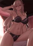 1girl absurd_res alluring arm_up bare_arms bare_shoulders big_breasts black_bra black_hairband black_panties blush bra breasts cleavage collarbone commission corrin_(fire_emblem) corrin_(fire_emblem)_(female) curtains fire_emblem fire_emblem_fates grey_hair hair_between_eyes hair_ornament hairband high_res indoors kakeku long_hair looking_at_viewer navel nintendo panties parted_lips pixiv_commission red_eyes smile stomach thighs underwear window