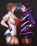  2girls alluring asuka_kazama bandai_namco big_breasts black_and_purple_hair breast_press breasts breasts_to_breasts brown_hair cleavage imminent_sex imminent_yuri kazama_asuka namco namco_bandai nipple_bulge reina reina_(tekken) reina_mishima sexual_tension staring staring_at_another tekken tekken_8 thick_thighs tomboy yuri 