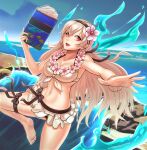 1girl alluring beach big_breasts bikini blue_sky book cleavage corrin_(fire_emblem) corrin_(fire_emblem)_(female) corrin_(summer)_(fire_emblem)_(female) fire_emblem fire_emblem_fates hybridmink magenta_eyes nintendo ocean white_hair