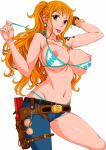  1girl areolae arm_behind_head armpits asymmetrical_clothes bangle bare_shoulders bikini bikini_top bracelet breasts brown_eyes cameltoe cutoffs denim earrings hanzaki_jirou holster jeans jewelry large_breasts legs log_pose long_hair looking_at_viewer nami navel nipple_slip nipples one_piece orange_hair panties pants ponytail simple_background solo standing swimsuit tattoo thighs thong tongue tongue_out underwear undressing white_background 