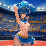  1girl ai_generated arms_behind_head blue_eyes blue_hair breasts cheerleader cheerleader_uniform creatures_(company) exposed_breasts female_focus game_freak lana_(pokemon) miniskirt navel nintendo nipples nudity pokemon_(anime) pom_poms shirt_lift short_hair small_breasts stable_diffusion stadium suiren_(pokemon) 