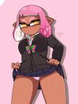  1girl artist_name bow breasts inkling inkling_girl inklingloe nintendo panties panty_shot pantyshot pink_panties pointy_ears school_uniform short_hair skirt skirt_lift solo solo_female solo_focus splatoon_(series) splatoon_2 sweat tentacle tentacle_hair thighs underwear 