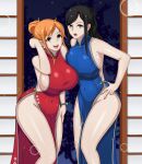  2_girls big_breasts black_hair chinese_dress coresix nami nico_robin one_piece orange_hair qipao voluptuous 