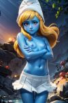 1girl ai_generated arms_crossed blonde_hair blue_skin blush brown_eyes female_focus hat long_hair looking_at_viewer miniskirt nature navel nipples small_breasts smurfette the_smurfs topless younger_female