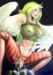 aivelin birth blonde_hair breasts closed_eyes egg egg_laying eggs erect_nipples green_hair hair harpy large_breasts midriff monet_(one_piece) monster_girl navel nipples one_piece open_mouth pussy see-through squatting sunglasses