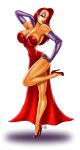 arm_gloves ass babe big_breasts breasts cleavage disney dress earrings elbow_gloves female green_eyes hair high_heels hips jessica_rabbit legs lipstick posing red_hair smile white_background who_framed_roger_rabbit woman