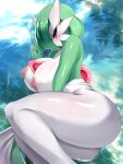 areola ass big_ass big_breasts big_breasts exposed_breasts finger_over_mouth gardevoir green_hair hair_over_one_eye nipples pokémon_(species) pokemon red_eyes sana!rpg short_hair shushing thick_thighs white_body white_skin