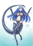  1girl alien alien_(movie) blue_hair breastless_clothes breasts cosplay costume crow_(pixiv) edo_tatsuki long_hair looking_at_viewer nipples personification red_eyes simple_background smile solo tail thighhighs xenomorph 