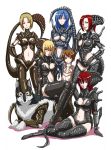  6girls age_difference alien alien_(movie) aliens_(movie) armor bangs black_gloves black_legwear blonde_hair blue_hair bob_cut boots breasts brown_hair claws cleavage cleavage_cutout cosplay costume crossed_arms crow_(pixiv) curvy dog edo_tatsuki elbow_gloves facehugger finger_to_mouth flat_chest frown glasses gloves grin hair hair_between_eyes hand_on_hip hands_on_hips headgear helmet highres index_finger_raised large_breasts leotard light_brown_hair light_smile long_hair looking_at_viewer midriff multiple_girls navel navel_cutout parted_bangs pauldrons red_eyes red_hair red_sclera redhead shadow short_hair side_cutout simple_background sitting smile tail thigh_boots thigh_high_boots thighhighs turtleneck underboob vambraces white_background wide_hips xenomorph yokozuwari zettai_ryouiki 