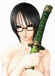 black_hair glasses grey_eyes katana lowres nude one_piece scar sheath sheathed short_hair sword tashigi weapon