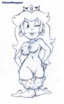 1girl 1girl areola areola breasts crown eyelashes female_focus female_only female_solo front_view hair hands_on_hips lips lipstick monochrome navel nintendo nipples on_knees one_eye_closed princess_peach pussy pussy royalty sakusakupanic sketch solo_female solo_focus super_mario_bros. underwear underwear_down wink