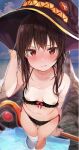 1girl blush breasts brown_hair hat kono_subarashii_sekai_ni_shukufuku_wo! looking_at_viewer megumin nipples rouka_(akatyann) small_breasts staff standing swimsuit wet wet_skin witch_hat