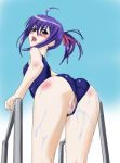  ahoge ass bent_over blush censored flat_chest green_eyes looking_back lowres mahou_sensei_negima mahou_sensei_negima! miyazaki_nodoka negima nodoka_miyazaki okiyumi_kase one-piece_swimsuit open_mouth ponytail purple_hair pussy school_swimsuit swimsuit swimsuit_aside wet 