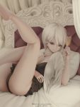 1girl alluring artist_name ass black_lingerie breasts cup drink indoors legs_up letdie1414 lingerie looking_at_viewer nakiri_alice on_bed patreon patreon_username red_eyes seductive shokugeki_no_souma silver_hair smile tights