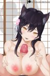 1girl 1girl animal_ear_fluff animal_ears atago_(azur_lane) azur_lane big_breasts blush breast_squeeze breasts censored completely_nude ejaculation gif gif hair_ornament hair_ribbon large_filesize large_penis long_hair mole mosaic_censoring nipples nude paizuri pantsushi patreon patreon_username penis ribbon semen swimsuit tongue tongue_out ugoira yellow_eyes