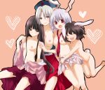  4girls animal_ears bad_id barefoot black_hair breasts brown_hair bunny_ears bunny_tail closed_eyes eirin_yagokoro female flat_chest hair happy hat headgear heart houraisan_kaguya hug hugging inaba_tewi jumping kaguya_houraisan long_hair machiko_(beard) matyinging multiple_girls necktie nipples nude nurse_cap open_clothes open_shirt panties red_eyes red_necktie reisen_udongein_inaba shirt short_hair skirt smile tail tewi_inaba topless touhou underwear white_hair yagokoro_eirin 