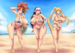  2019 3_girls beach bikini black_and_white_hair blonde_hair blue_hair breasts brown_eyes brunette erect_nipples green_eyes huge_breasts innertube mleonheart original original_character ponytail stella_(evov1) sunglasses twin_tails valdis_(evov1) voluptuous wide_hips yuki_(evov1) 