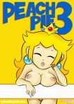 1girl 1girl areola artist_name blonde_hair breasts closed_eyes crown eyebrows eyelashes female_focus female_human female_only female_solo hair human logo nintendo nipples nude princess_peach royalty sakusakupanic smile solo_focus super_mario_bros. web_address