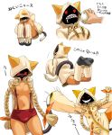  1girl animal_ears animal_hood arc_system_works blazblue blonde_hair blush bow braid breasts cat_ears cat_hood cat_tail cathood claws cleavage dark_skin drooling food grin hair_bow hood hoodie iwaya long_hair navel nikuman red_eyes sleeping smile snot suspenders tail taokaka translation_request twin_braids twintails 