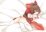 1girl ass bad_id bottomless bow brown_eyes brown_hair detached_sleeves feet female footwear hair_bow hakurei_reimu japanese_clothes long_hair looking_back lying miko no_panties red_eyes reimu_hakurei shiratama_dango socks solo thighhighs touhou white_legwear white_thighhighs