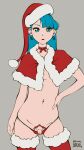 1girl 1girl ball_bulge balls balls_in_panties balls_under_clothes blue_hair breasts christmas christmas_outfit cute earrings flaccid goth hairband hand_on_hip intersex khin_(khindzadza) khindzadza long_hair looking_at_viewer original panties panty_bulge penis penis_out penis_ribbon pose posing ribbon ribbon_on_penis santa_hat small_balls small_breasts small_penis smile standing teal_eyes teal_hair testicle thong transgender uncut