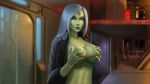 1girl alien big_breasts breasts chain female female_alien green_skin hands_on_breasts hands_on_own_breasts looking_at_viewer mirialan mostly_nude nipple_rings no_bra standing star_wars triplehex