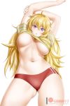 1girl 1girl 1girl ahoge alfred_cullado archway_of_venus areola areola_slip artist_name big_breasts blonde blush breasts gluteal_fold high_resolution long_hair navel no_bra one_arm_up open_mouth panties patreon_logo patreon_username purple_eyes red_panties rwby stretch thighs under_boob underwear upshirt very_long_hair viewed_from_below watermark web_address white_background yang_xiao_long