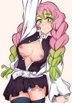 1girl belt big_breasts black_skirt blush breasts cleavage coat eyebrows_visible_through_hair gradient_hair green_eyes green_hair haori high_resolution kanroji_mitsuri kimetsu_no_yaiba long_hair long_sleeves looking_at_viewer miniskirt mole mole_under_eye multicolored_hair nipples pink_hair pleated_skirt shymiruku simple_background skirt smile thighs tri_braids two-tone_hair unbuttoned uniform wafuku white_background wide_sleeves