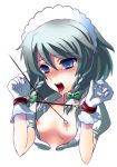  1girl bdsm bondage bound braid cuffs female flat_chest izayoi_sakuya linked_piercing merue nipple_piercing nipple_pull nipple_torture nipples open_clothes open_shirt piercing sakuya_izayoi shirt short_hair silver_hair small_breasts solo torment touhou twin_braids 