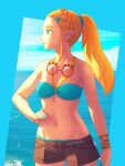 1girl alluring beach bellhenge bikini bikini_under_clothes blonde_hair blue_bikini blue_eyes blue_swimsuit bracer braid clouds glasses glasses_removed hairclip hand_on_hip medium_breasts midriff navel nintendo ocean outside painted_fingernails ponytail princess_zelda shorts sky swimsuit swimsuit_under_clothes the_legend_of_zelda the_legend_of_zelda:_tears_of_the_kingdom water