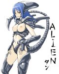 1girl alien alien_(movie) blue_hair breastless_clothes breasts cosplay costume edo_tatsuki large_breasts long_hair looking_at_viewer nipples personification red_eyes serious solo tail thighhighs xenomorph