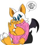 1boy 1girl anthro bat fox furry glassfish miles_"tails"_prower older_female open_chest_turtleneck rouge_the_bat sega shared_clothes sonic_the_hedgehog_(series) sweater younger_male