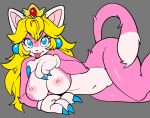  1girl 1girl 1girl after_transformation anthro blonde_hair blue_eyes breasts cat_peach claws clothing crown domestic_cat ear_piercing earring felid feline felis fur gloves glowhorn hair handwear headgear high_res licking licking_paws mammal mario_(series) nintendo nude piercing pink_body pink_fur princess_peach ring_piercing super_mario_3d_world super_mario_bros. tongue tongue_out 