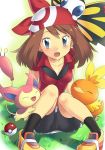 1girl ^_^ bandana bandanna beautifly bike_shorts blue_eyes blush brown_hair closed_eyes gloves hair haruka_(pokemon) hat headgear knees_on_chest knees_up open_mouth poke_ball pokemon pokemon_(game) pokemon_rse shirt shoes short_hair sitting skitty sleeveless sleeveless_shirt smile socks torchic uhyoko wing_collar