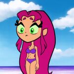 1girl ai_generated alien alien_girl beach big_breasts big_eyes bikini cartoon_network cats62 cute dc_comics green_eyes koriand'r long_hair medium_breasts ocean pink_hair purple_bikini purple_swimsuit sea seaside stable_diffusion starfire swimsuit teen_titans teen_titans_go water young_adult