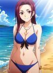 1girl alluring bare_legs beach big_breasts bikini cleavage joker_(artist) magenta_hair ocean red_eyes sakaki_ryouko shokugeki_no_souma