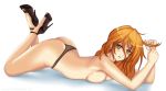 1_girl 1girl adjusting_hair arched_back arm arms art artist_request ass babe bare_legs bare_shoulders black_high_heels black_panties blush breast_press breasts female hair_between_eyes high_heels legs legs_up long_hair looking_at_viewer lying nami neck on_stomach one_piece orange_eyes orange_hair panties parted_lips shiny shiny_hair shoes sideboob solo teeth topless