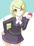  ace_trainer_(pokemon) bent_over blonde_hair cowboy_shot hair_ornament hand_on_hip kuro_(be_ok) leaning_forward long_hair minitesu nintendo npc npc_trainer one_eye_closed poke_ball pokemon pokemon_(game) pokemon_xy skirt smile solo wink yellow_eyes 