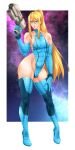 1boy androgynous blonde_hair blue_eyes femboy genderswap genderswap_(ftm) handgun metroid nintendo ponytail samus_aran suiren_ciao trap very_long_hair