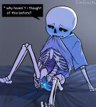  1cuntboy 2010s 2016 2d 2d_(artwork) animated_skeleton arm_support artist_name bed biting_clothes biting_shirt blue_blush blue_pussy blush bottomless bottomless_cuntboy comic_sans cuntboy cuntboy_only digital_media_(artwork) doiduh ectopussy english_text fingering fingering_self glowing glowing_genitalia glowing_pussy gradient_background grey_background masturbation monster monster_boy on_bed pussy pussy_juice sans sans_(undertale) shirt_only shirt_up sitting sitting_on_bed skeleton solo_cuntboy text third-party_source undead undertale undertale_(series) vaginal vaginal_masturbation video_game_character video_games 