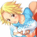 1boy 1girl blonde_hair blush breast_grab breasts brown_eyes caimie camie grabbing grope groping lips looking_at_viewer mermaid midriff monkey_d._luffy monster_girl mosha one_piece parted_lips shirt short_hair simple_background sweatdrop taut_clothes taut_shirt white_background