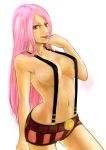  1girl breasts cleavage jewelry_bonney large_breasts lipstick long_hair makeup naked_suspenders no_bra nokonokoro one_piece pink_hair solo suspenders topless 