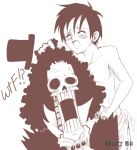  2boys animated_skeleton black_hair blue_eyes brook brook_(one_piece) male_only monkey_d._luffy monochrome one_piece skeleton stitched straw_hat straw_hat_pirates white_background yaoi 